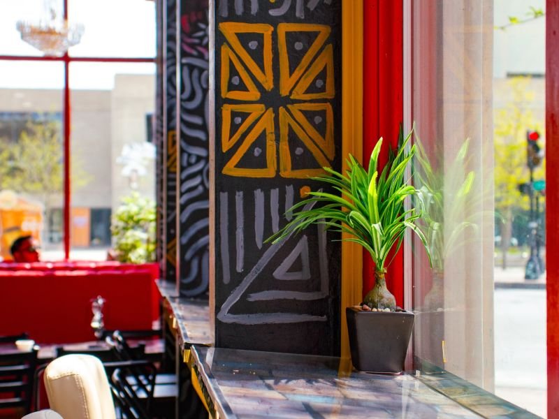 The Teranga Grill dining room with painted mud-cloth column